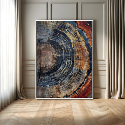 Detailed tree ring cross-section with rich earth tones and wood texture, ideal for rustic, cabin, or nature-inspired interior wall decor.