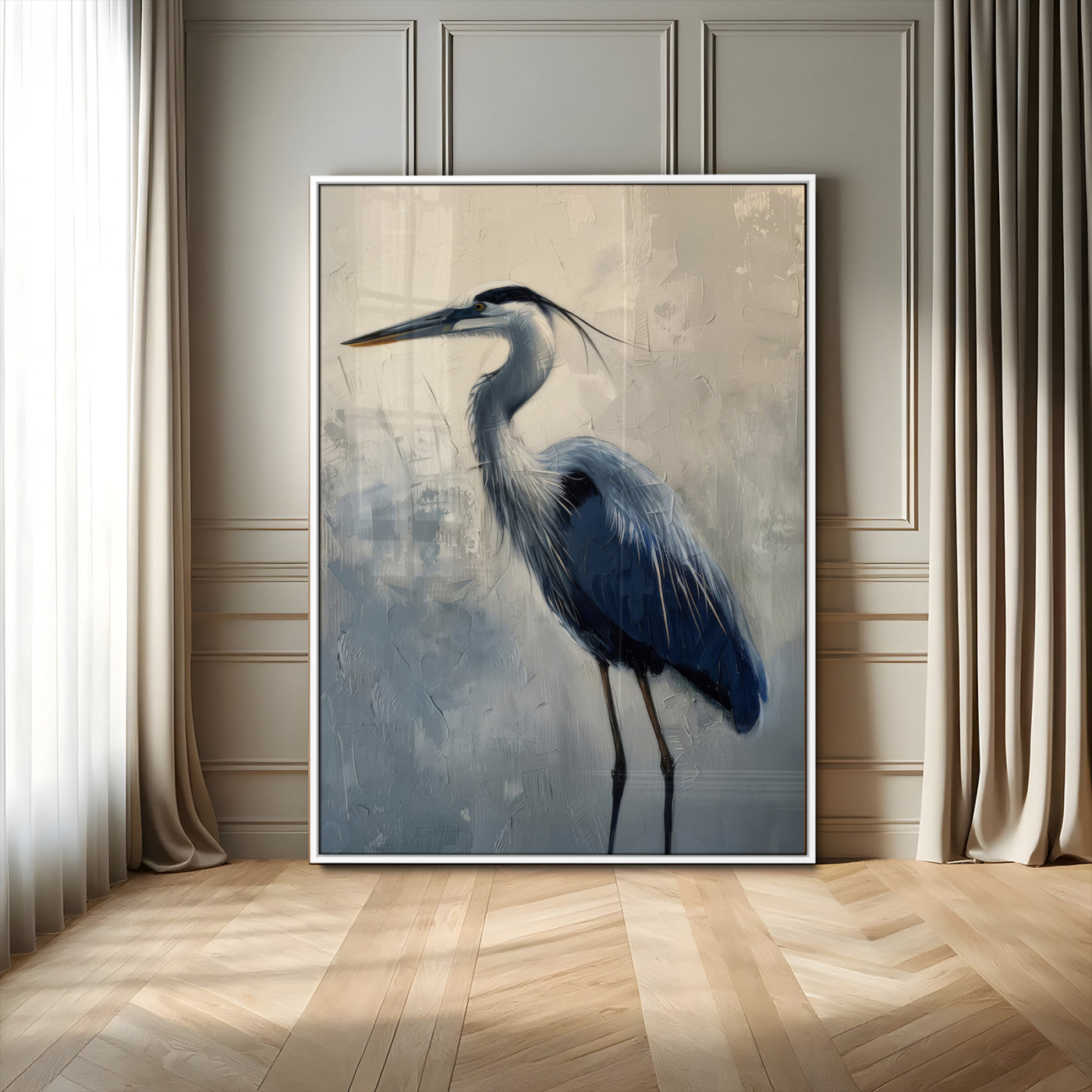 Elegant heron bird standing tall with soft brushstroke texture and muted tones, perfect for coastal or nature-themed home decor.