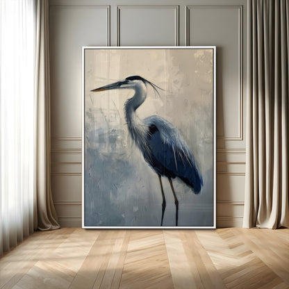 Elegant heron bird standing tall with soft brushstroke texture and muted tones, perfect for coastal or nature-themed home decor.
