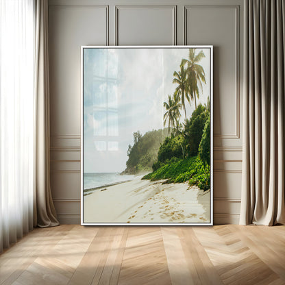 A tropical beach with palm trees, soft sand, and ocean waves under a bright sky, creating a peaceful and relaxing coastal view.
