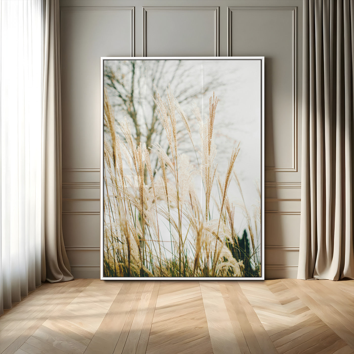 Soft beige pampas grass swaying in the breeze against a muted sky, creating a tranquil and minimalist botanical aesthetic.