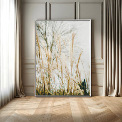 Soft beige pampas grass swaying in the breeze against a muted sky, creating a tranquil and minimalist botanical aesthetic.