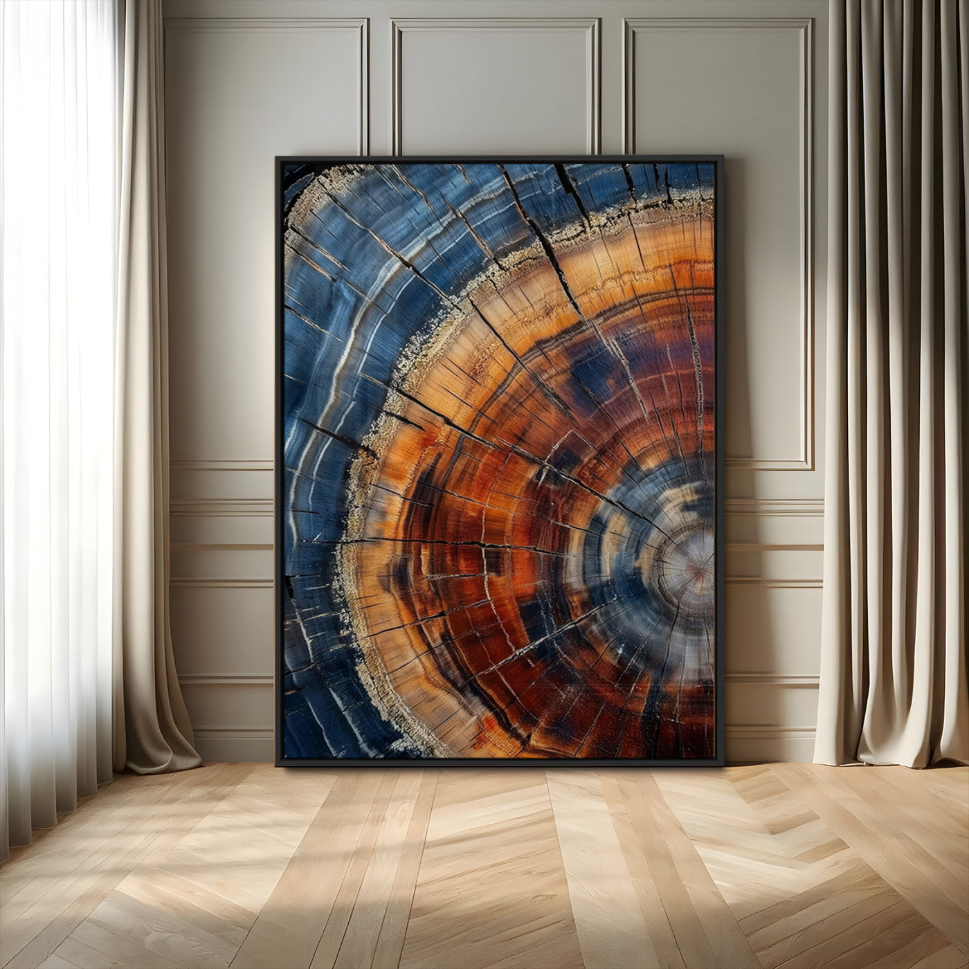 Canvas of colorful tree rings in rich blue and warm orange hues with cracked natural texture, ideal for rustic or earthy decor styles.