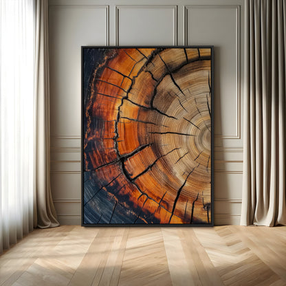 Canvas of a cracked tree ring with warm burnt orange tones and dark edges, ideal for rustic or earthy home decor themes.