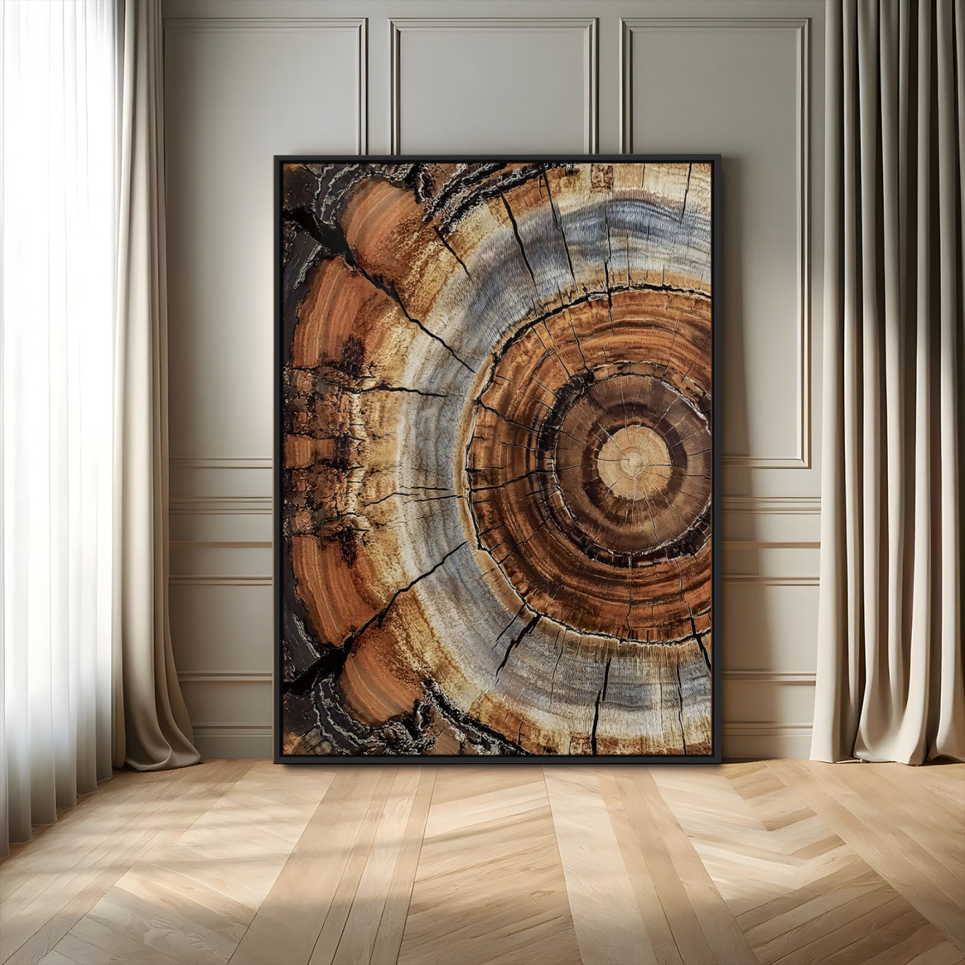 Canvas of tree rings and natural wood grain in earthy tones, ideal for rustic or vintage-inspired home decor with organic textures.