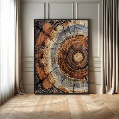 Canvas of tree rings and natural wood grain in earthy tones, ideal for rustic or vintage-inspired home decor with organic textures.