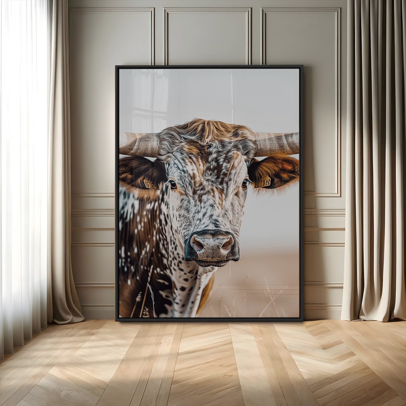Canvas of a speckled Texas longhorn with wide curved horns and warm tones, perfect for rustic or country-style wall decor.