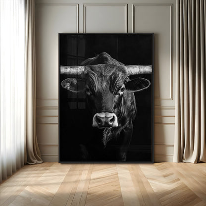 Canvas of a Texas longhorn in black and white with dramatic lighting and bold contrast, ideal for rustic or modern western wall decor.