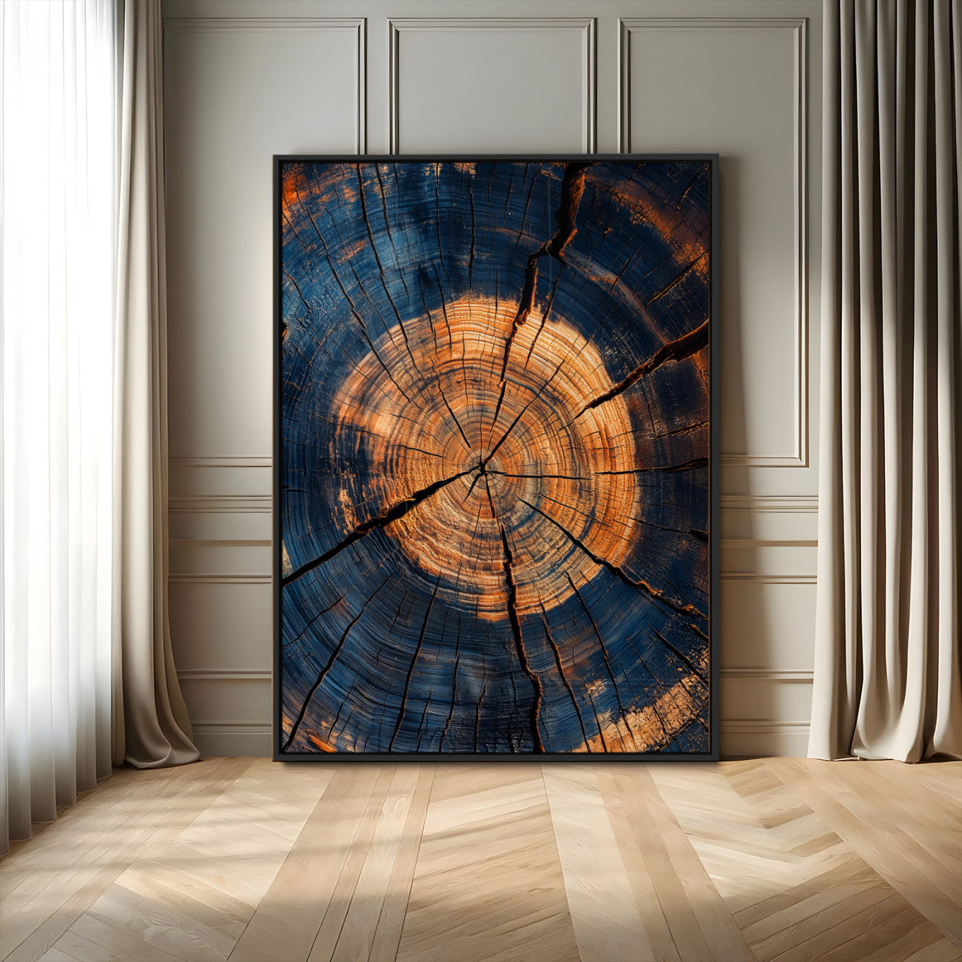 Close-up canvas of tree rings with burnt orange and deep blue tones, perfect for rustic or earthy-themed home decor.