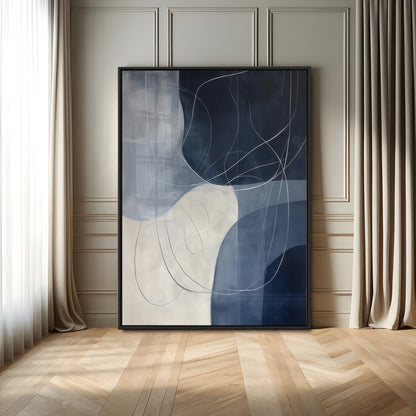 Contemporary abstract canvas with navy, grey, and white curved forms and fine line details, ideal for minimalist or modern interiors.