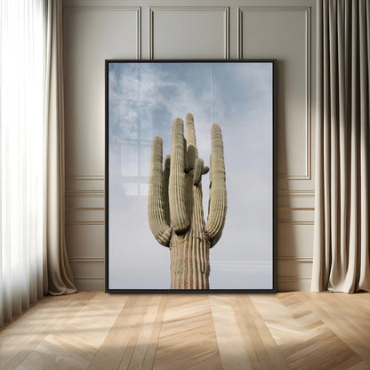 Vertical photo of a tall saguaro cactus against a soft sky, ideal for earthy or Southwestern home decor with warm neutral tones.