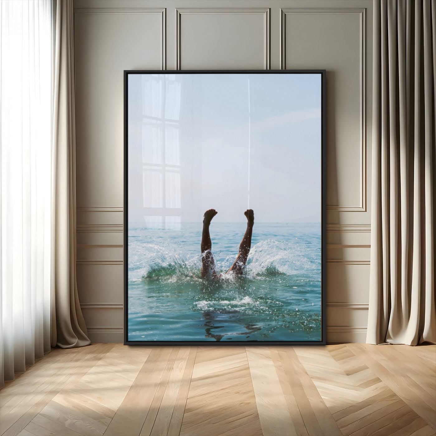 Vibrant ocean canvas of a playful diving splash, ideal for coastal or beach-themed interiors with a lively summer vibe.