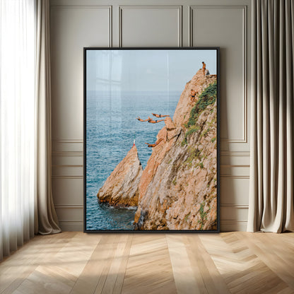 Canvas wall art capturing a bold cliff diving sequence into turquoise waters, perfect for vibrant and adventurous coastal or sporty interiors.