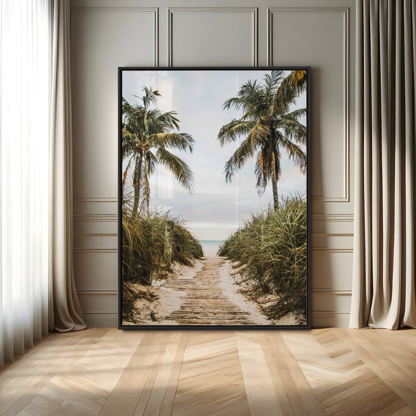 Canvas wall art of a tropical beach path with palm trees and dune grass, ideal for coastal entryways or tropical-inspired home decor.