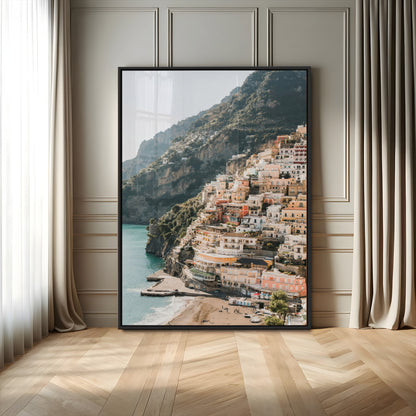 Canvas of colorful cliffside homes in Positano along the Amalfi Coast with warm tones, perfect for Mediterranean coastal or European-inspired home decor.