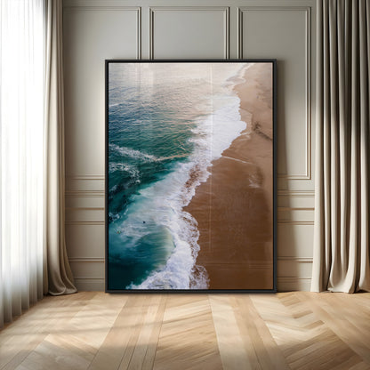 Canvas of a dreamy aerial beach scene with turquoise waves and soft sunset tones, ideal for modern coastal or minimalist home decor.