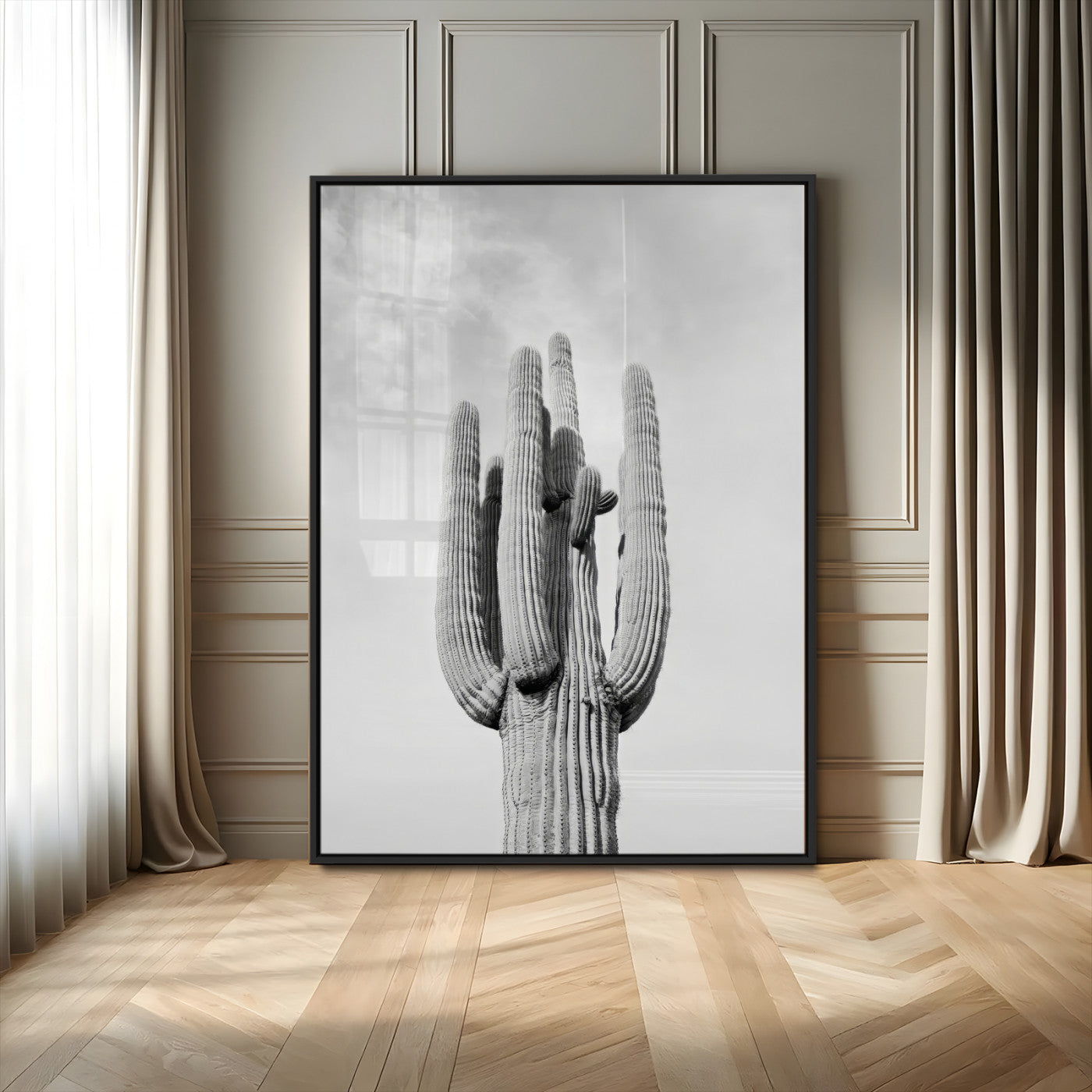 Canvas of a tall saguaro cactus in black and white with moody tones, perfect for southwestern minimalist or modern desert-themed home decor.