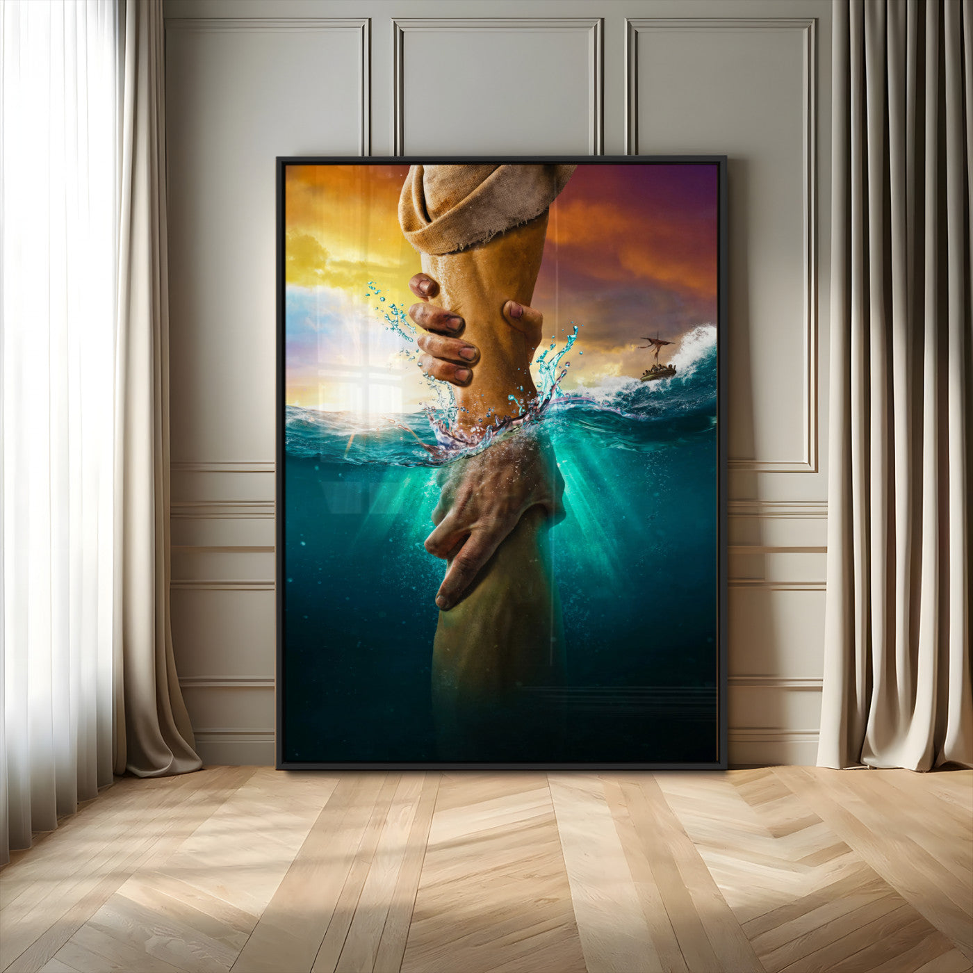 A dramatic scene of a hand reaching underwater and being lifted, symbolizing rescue and faith, ideal for spiritual or Christian wall decor.