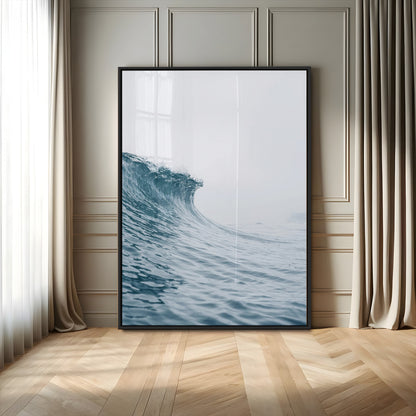 A single ocean wave curling in soft blue tones under a misty sky, ideal for coastal or minimalist home wall decor.