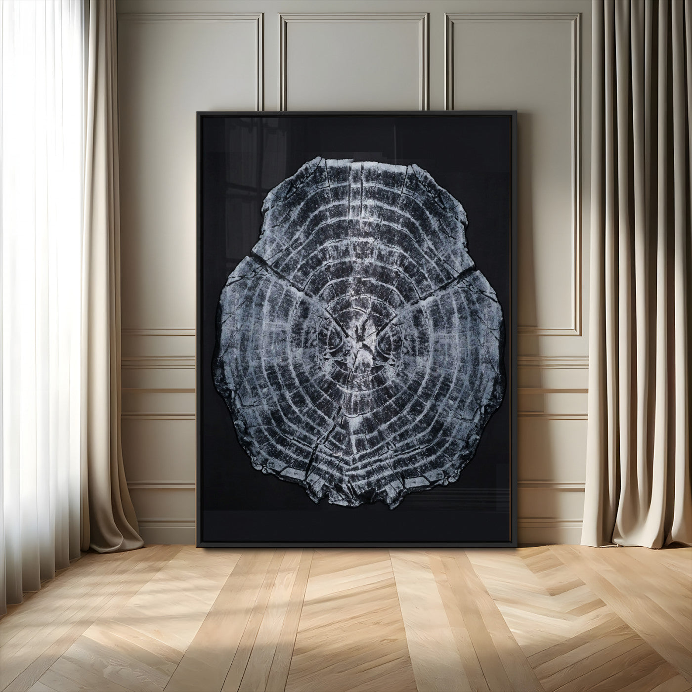 Monochrome tree ring cross-section on black background, showing detailed growth lines, perfect for modern rustic or minimalist interiors. (