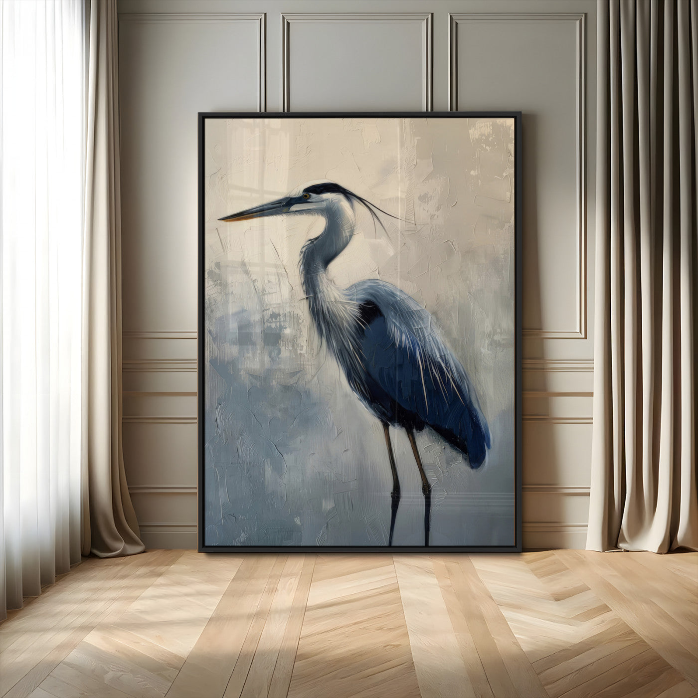 Elegant heron bird standing tall with soft brushstroke texture and muted tones, perfect for coastal or nature-themed home decor.