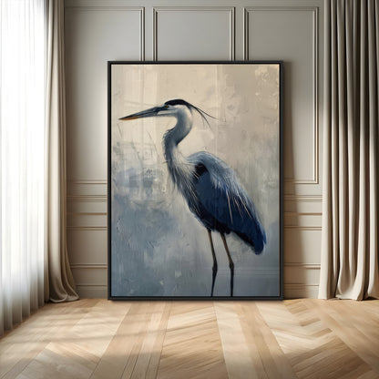 Elegant heron bird standing tall with soft brushstroke texture and muted tones, perfect for coastal or nature-themed home decor.