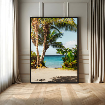 Tropical beach with palm trees, blue ocean, and clear sky, perfect for coastal or beach-themed wall decor in sunny living spaces.