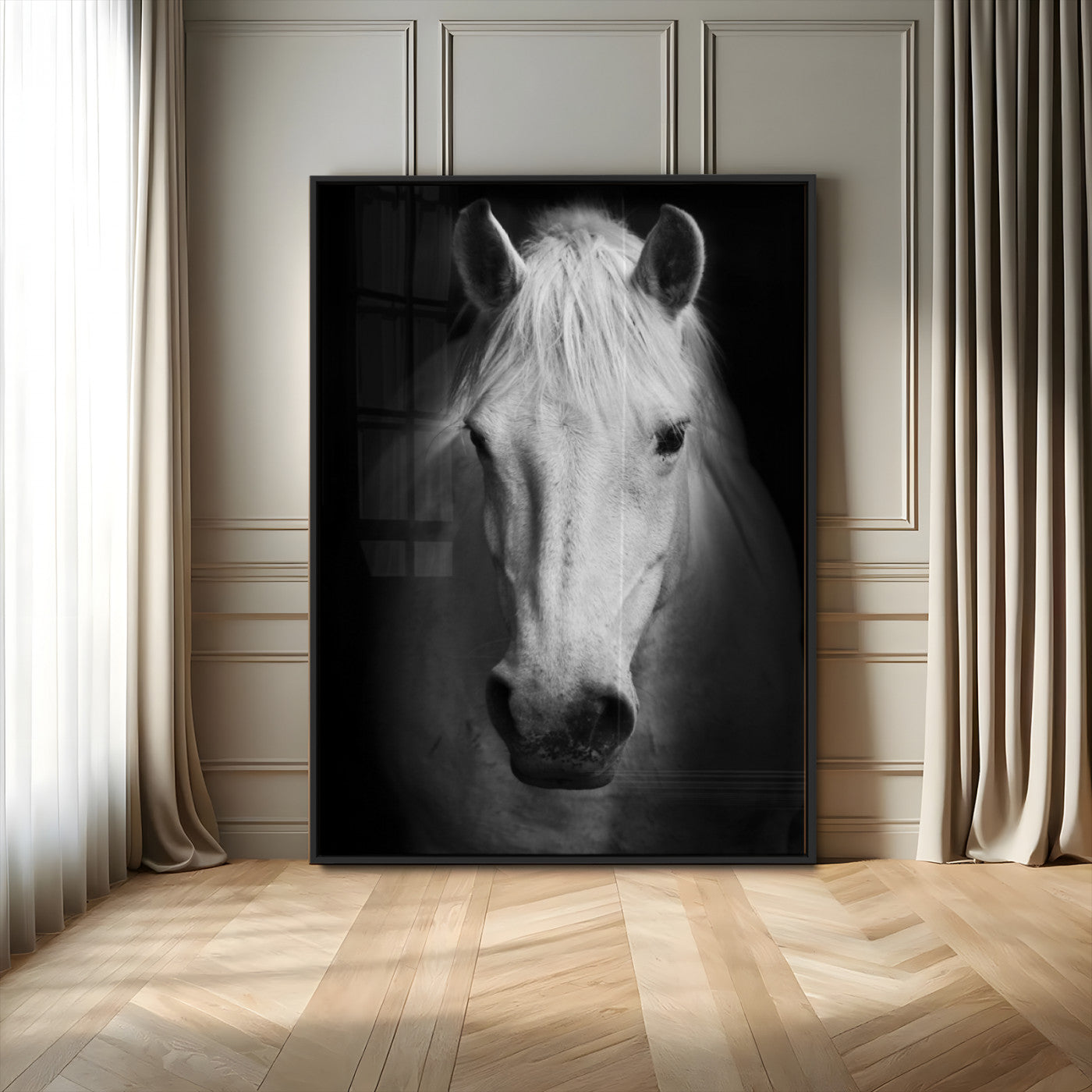 Large Wall Art White Horse on Black Background Canvas Print
