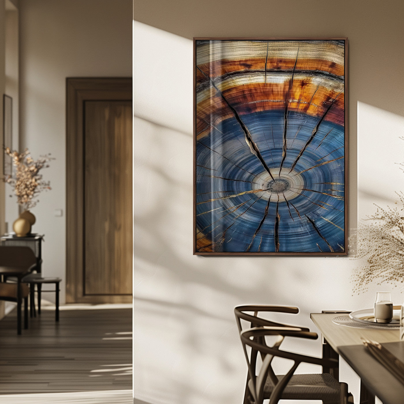 Canvas of a tree ring with bold blue and orange hues and cracked radial lines, ideal for rustic or earthy modern interiors.