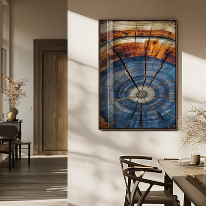 Canvas of a tree ring with bold blue and orange hues and cracked radial lines, ideal for rustic or earthy modern interiors.