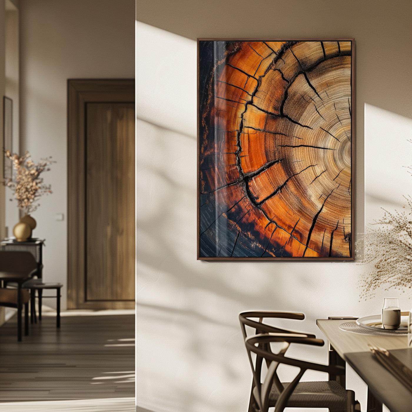 Canvas of a cracked tree ring with warm burnt orange tones and dark edges, ideal for rustic or earthy home decor themes.