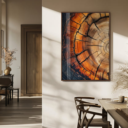 Canvas of a cracked tree ring with warm burnt orange tones and dark edges, ideal for rustic or earthy home decor themes.