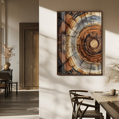 Canvas of tree rings and natural wood grain in earthy tones, ideal for rustic or vintage-inspired home decor with organic textures.
