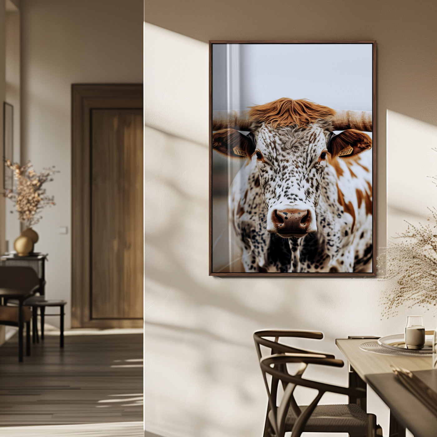 Close-up of a speckled Texas longhorn with wide horns and a bold gaze, perfect for rustic or country-style decor in warm tones.