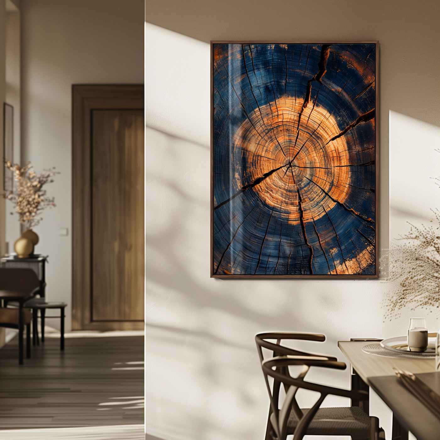 Close-up canvas of tree rings with burnt orange and deep blue tones, perfect for rustic or earthy-themed home decor.