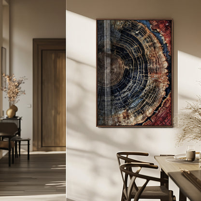 Rustic canvas featuring detailed tree rings and dark earthy tones, ideal for moody wood or organic nature-inspired home decor.