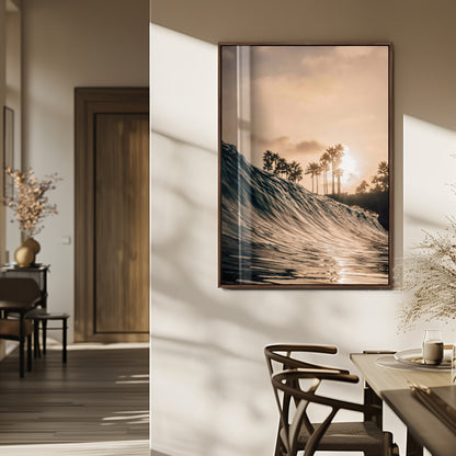 Golden sunset view of an ocean wave curling near palm trees, radiating warm tones perfect for coastal or tropical-themed decor.