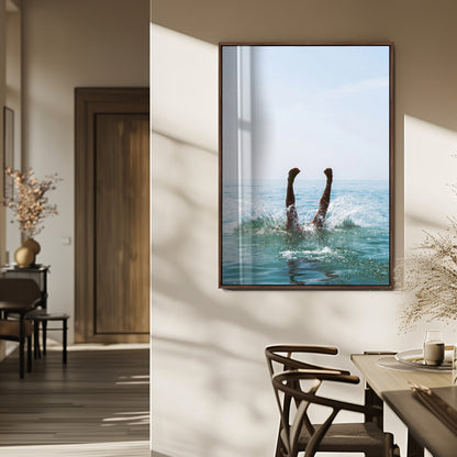 Vibrant ocean canvas of a playful diving splash, ideal for coastal or beach-themed interiors with a lively summer vibe.