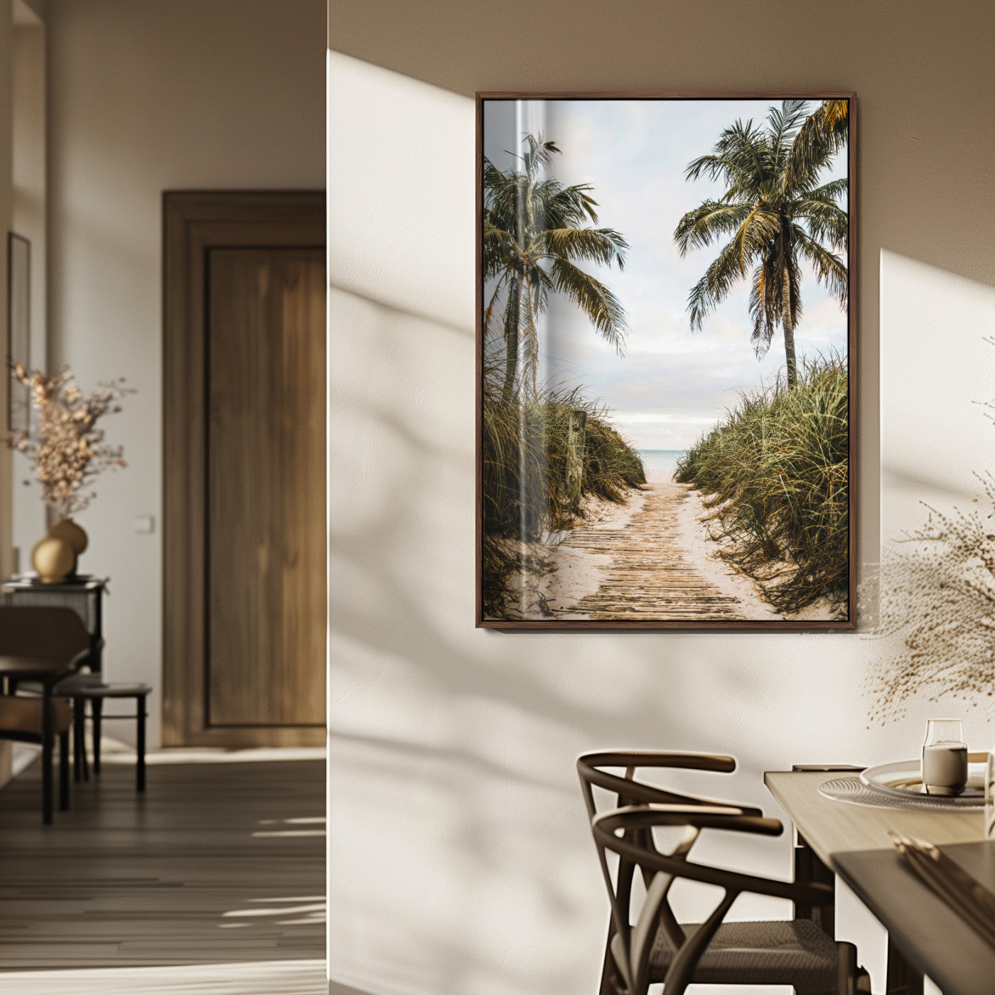 Canvas wall art of a tropical beach path with palm trees and dune grass, ideal for coastal entryways or tropical-inspired home decor.