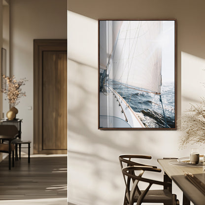 Canvas of a sailboat gliding on a sunlit ocean with white sails and sparkling water, ideal for coastal minimalist or nautical-style home decor.