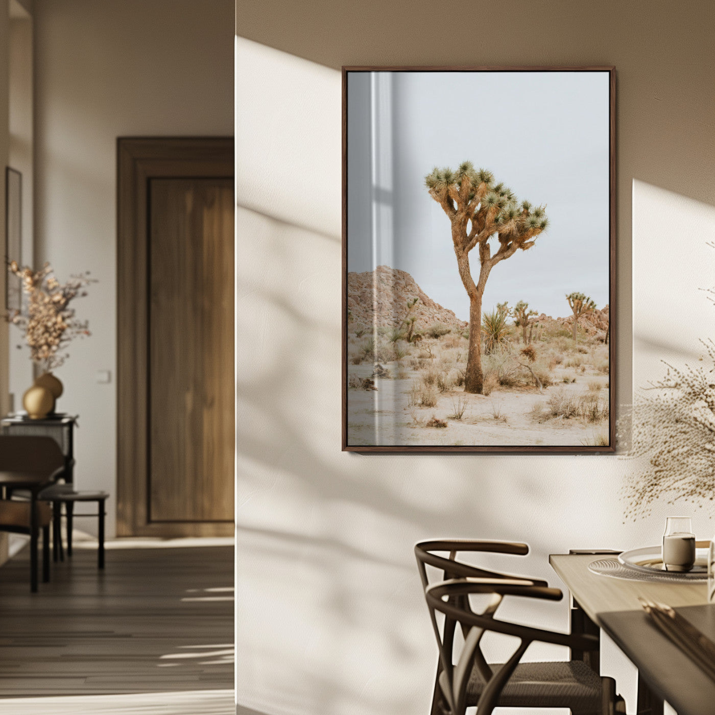 Canvas of a Joshua Tree in neutral desert tones under soft light, ideal for southwestern minimalist or rustic nature-inspired home decor.