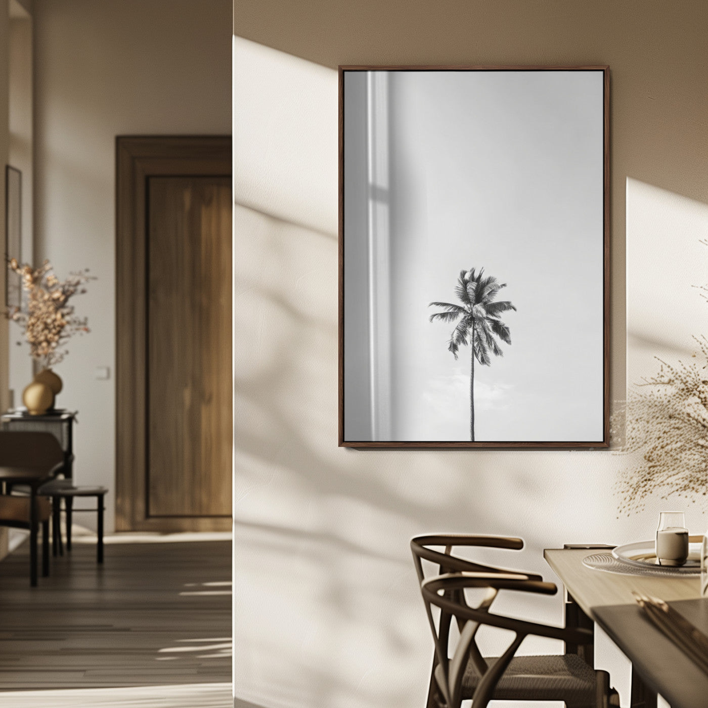 Canvas of a single palm tree in black and white with minimalist sky, ideal for modern coastal minimalist or tropical-inspired home decor.