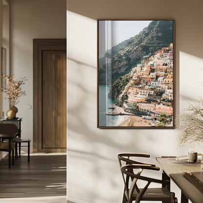 Canvas of colorful cliffside homes in Positano along the Amalfi Coast with warm tones, perfect for Mediterranean coastal or European-inspired home decor.
