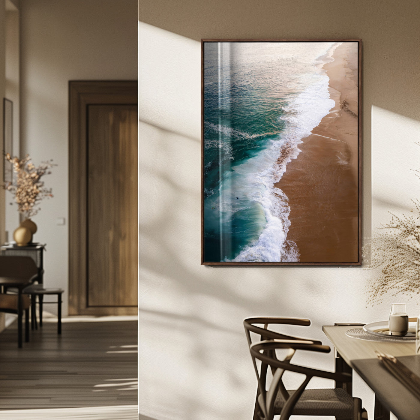 Canvas of a dreamy aerial beach scene with turquoise waves and soft sunset tones, ideal for modern coastal or minimalist home decor.