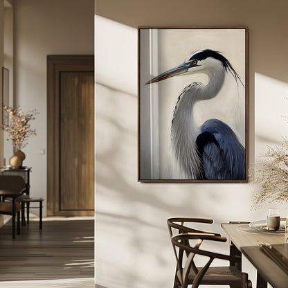 Single blue heron in profile with soft feathers and neutral tones, ideal for tranquil, coastal or nature-inspired interior settings.