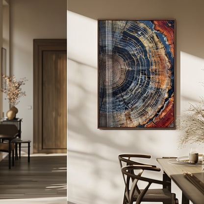 Detailed tree ring cross-section with rich earth tones and wood texture, ideal for rustic, cabin, or nature-inspired interior wall decor.