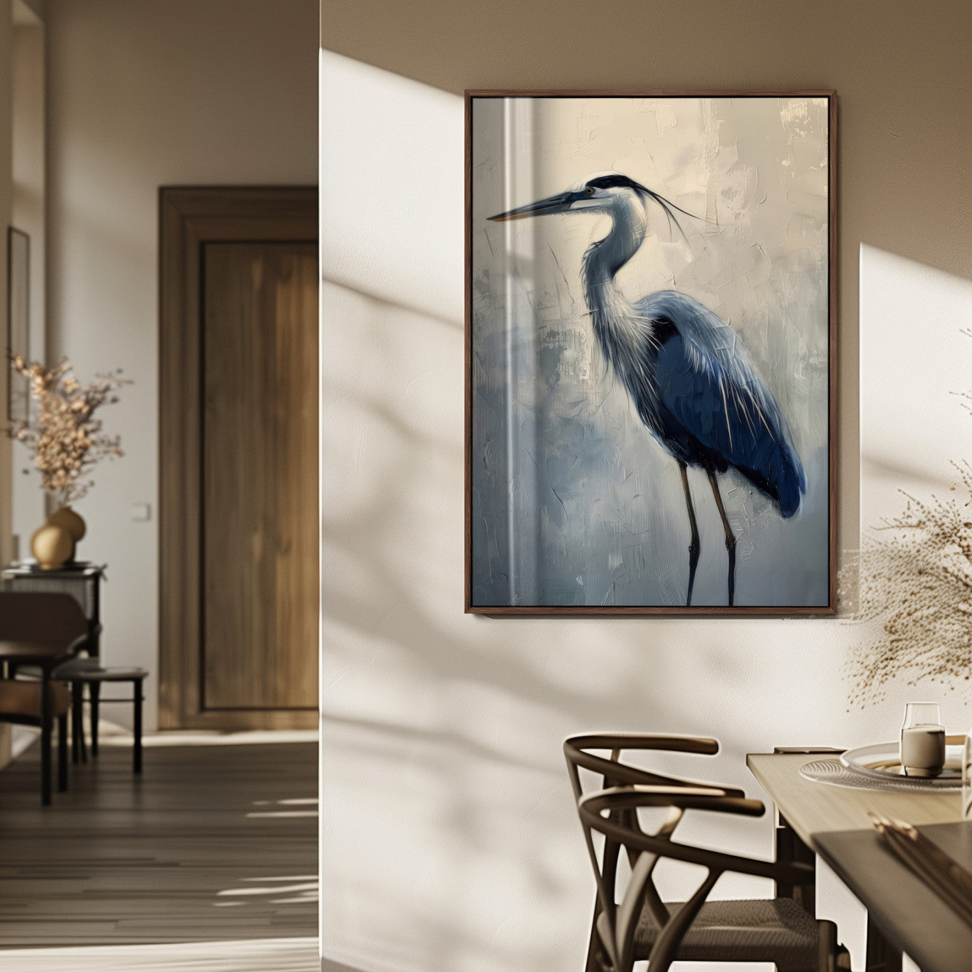 Elegant heron bird standing tall with soft brushstroke texture and muted tones, perfect for coastal or nature-themed home decor.