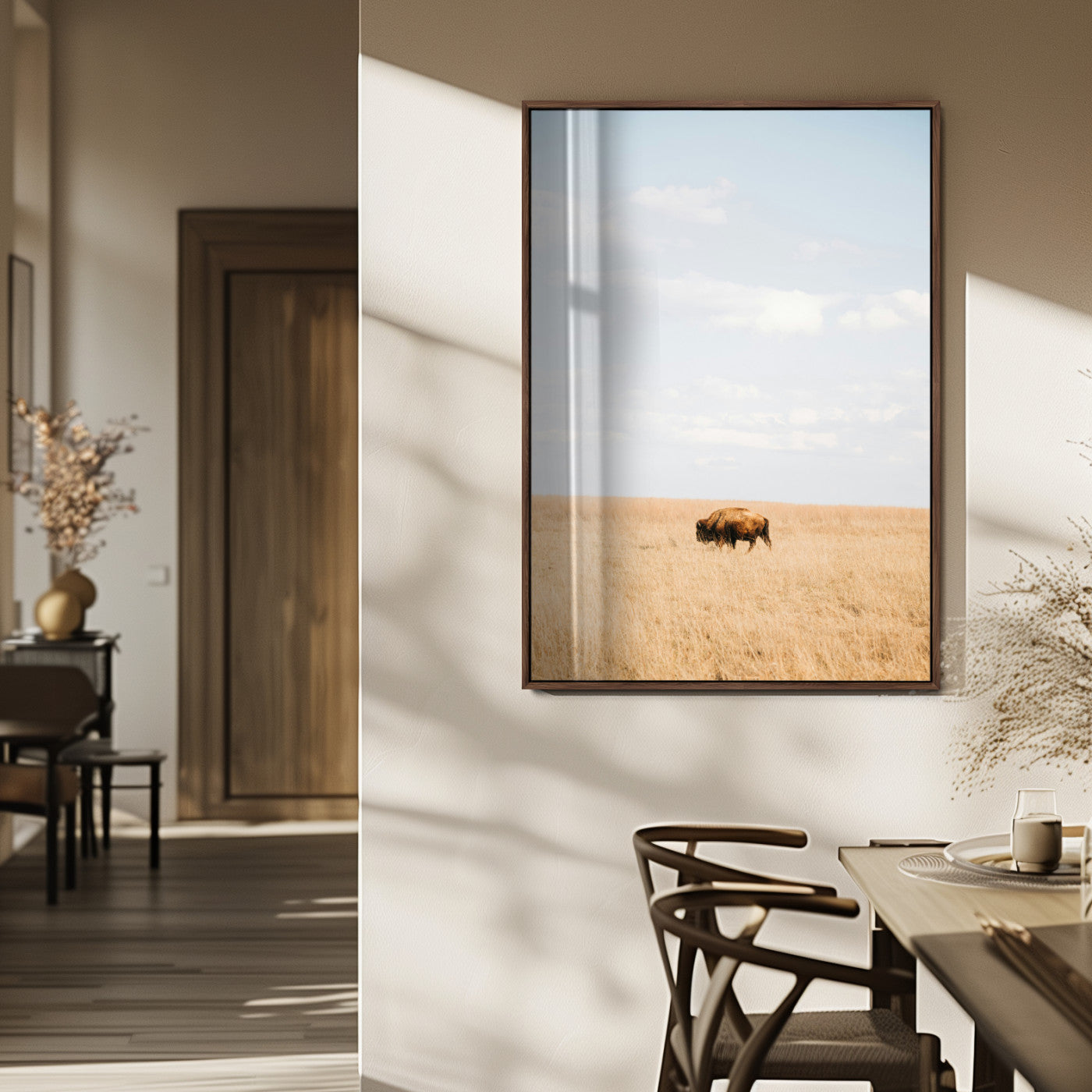 Minimalist Nature Wall Art Canvas Print, Framed Bison In Grassland Art Picture Print, Open Field Perfect Modern Ranch Decor Decor Artwork