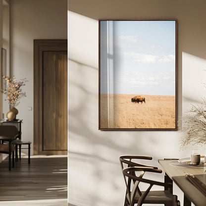 Minimalist Nature Wall Art Canvas Print, Framed Bison In Grassland Art Picture Print, Open Field Perfect Modern Ranch Decor Decor Artwork