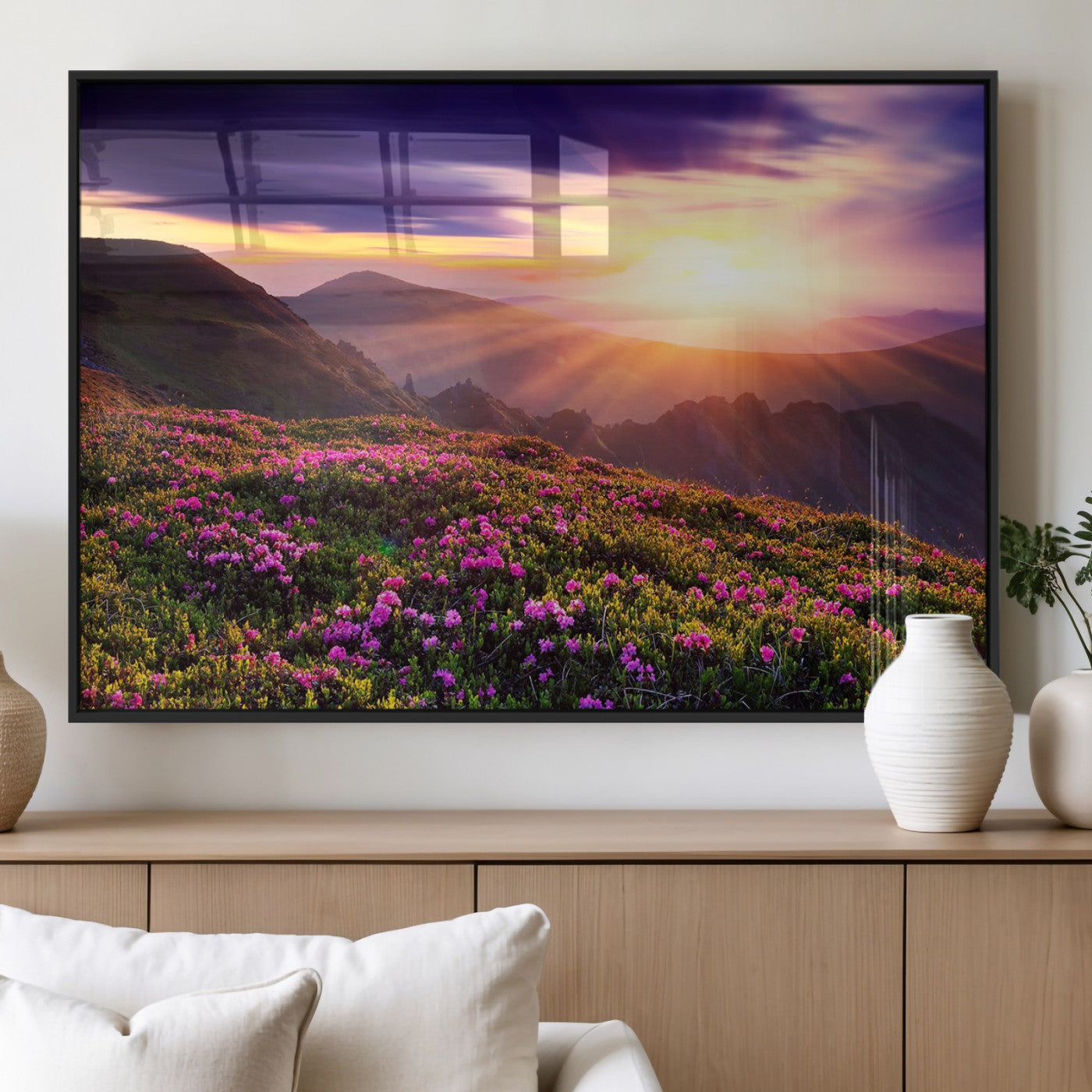 49741-MGV-FP-60X30-3P_Black-Mountain Sunrise Wall Art – Vibrant Floral Landscape Canvas Print, Nature Home Decor for Living Room, Bedroom Office or Cabin